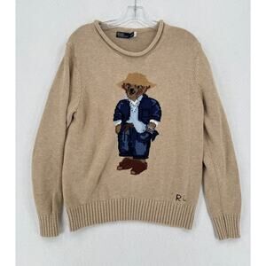 Polo Ralph Lauren Womens Polo Bear Intarsia-Knit Tan Crew Neck Sweater Sz L